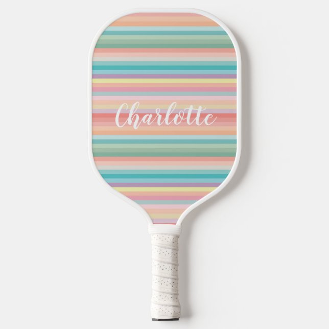 Elegant Girly Pastel Rainbow Stripes Personalised Pickleball Paddle (Front)