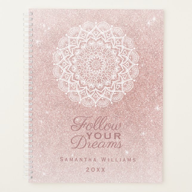 Elegant Girly Personalised Rose Gold Glitter Planner (Front)