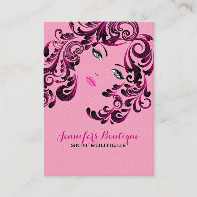 Elegant Girly Pink And Black Beauty Face Business Card (Front)