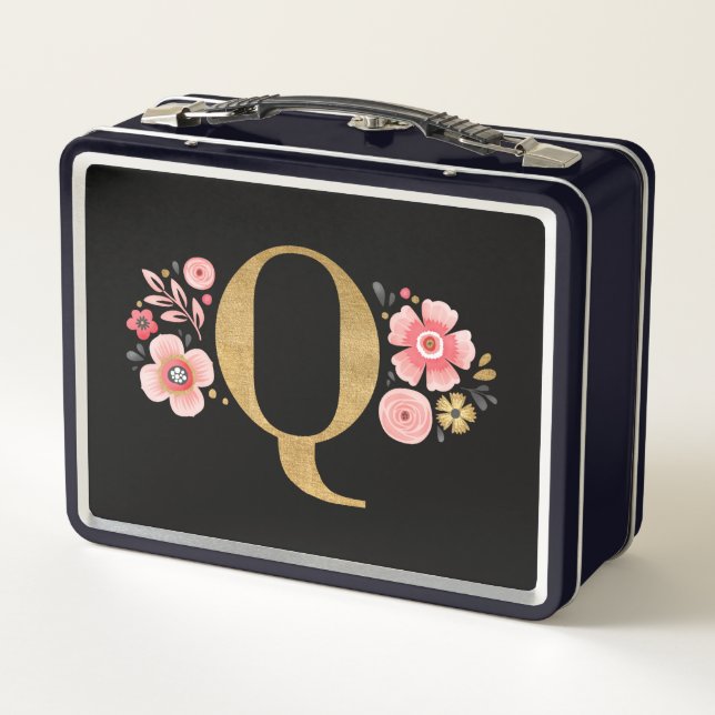 Elegant Girly Pink Black Floral Metal Lunch Box (Back)