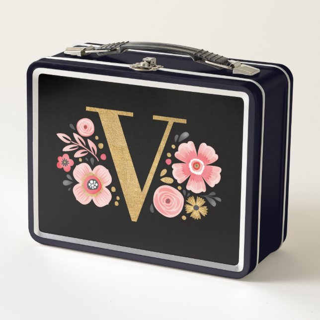 Elegant Girly Pink Black Floral Metal Lunch Box (Front)
