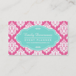 Elegant Girly Pink Damask Personalised Business Card
