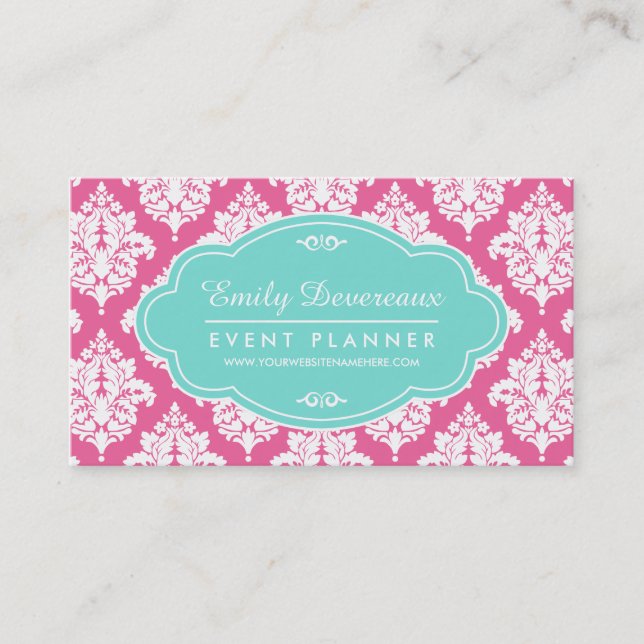 Elegant Girly Pink Damask Personalised Business Card (Front)