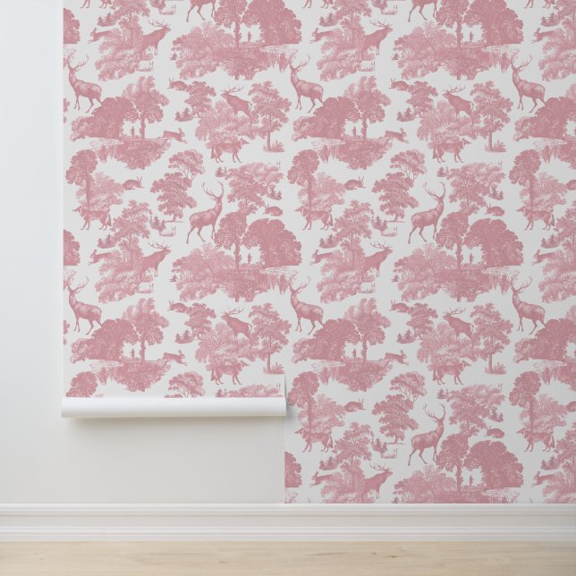 Elegant Girly Pink Deer Forest Animals Toile Wallpaper (Application)