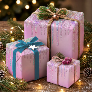 Elegant Girly Pink Dripping Faux Glitter Wrapping Paper Sheet