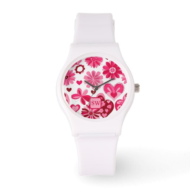 Elegant girly pink, floral hearts, motif monogram watch (Front)