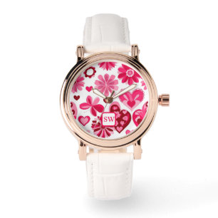Elegant girly pink, floral hearts, motif monogram watch