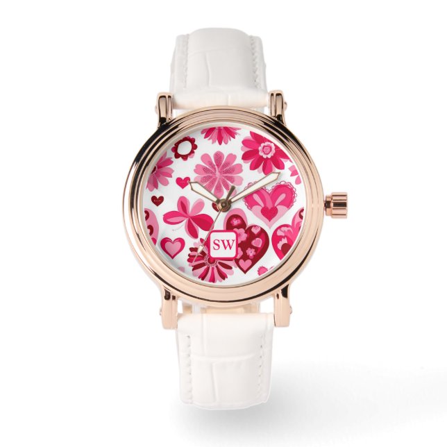 Elegant girly pink, floral hearts, motif monogram watch (Front)