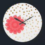 elegant girly pink flower gold polka dots pattern large clock<br><div class="desc">Cute and elegant design representing pink flower and faux gold polka dots pattern.</div>