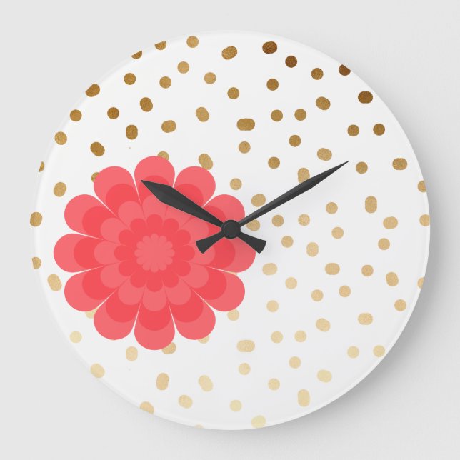 elegant girly pink flower gold polka dots pattern large clock (Front)