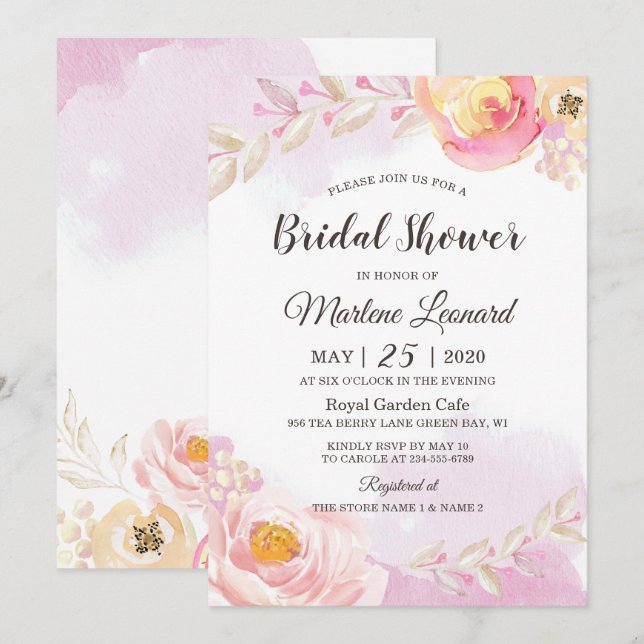 Elegant Girly Pink Gold Rose Garden Bridal Shower Invitation (Front/Back)