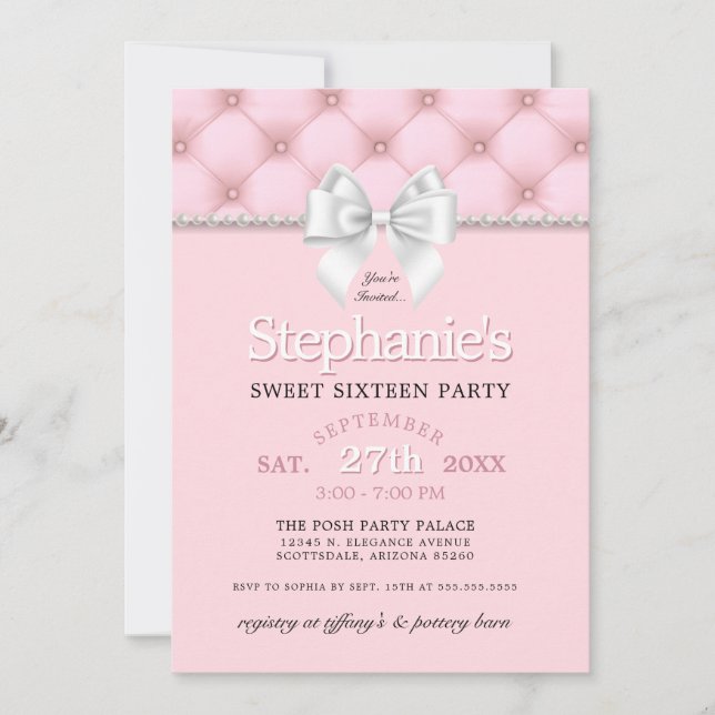 Elegant Girly Pink Pearls White Bow 16th Birthday Invitation (Front)
