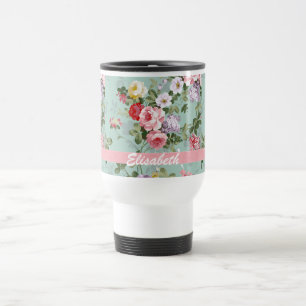 Elegant Girly Pink Red Roses Monogram Travel Mug