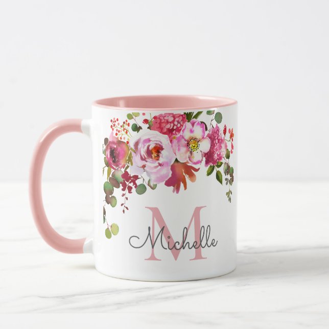 Elegant Girly Pink Rose Floral Name Monogrammed Mug (Left)