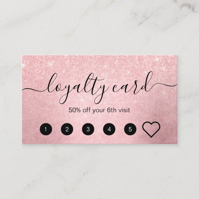 Elegant girly pink rose gold glitter makeup artist loyalty card (Front)