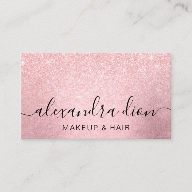 Elegant girly pink rose gold glitter makeup & hair business card (Front)