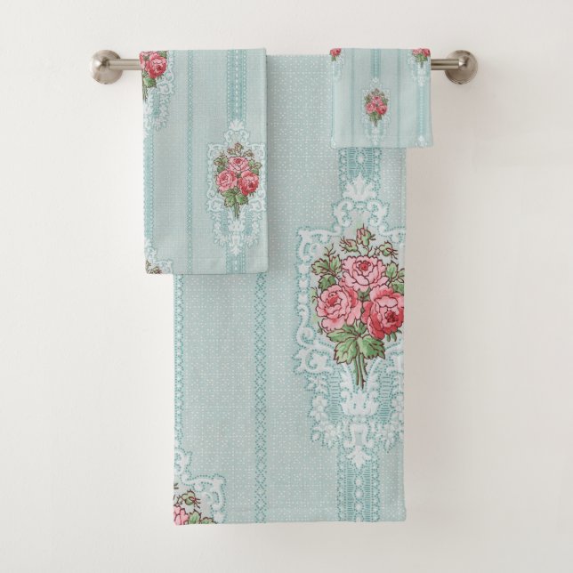 Elegant Girly Pink Roses on Mint Background Bath Towel Set (Insitu)