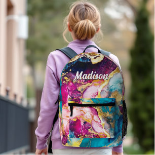 Elegant girly pink turquoise marble art printed backpack