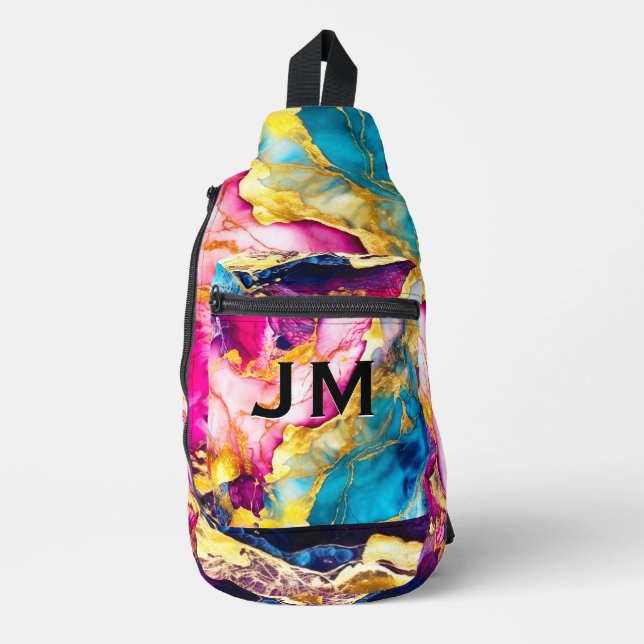 Elegant girly pink turquoise marble art  printed  sling bag (Front)