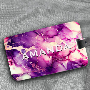 Elegant girly purple marble faux glitter monogram luggage tag