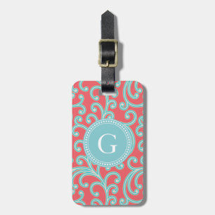 Elegant girly red blue floral pattern monogram luggage tag