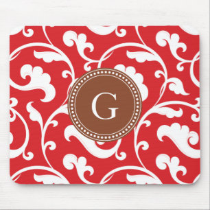 Elegant girly red floral pattern monogram mouse mat