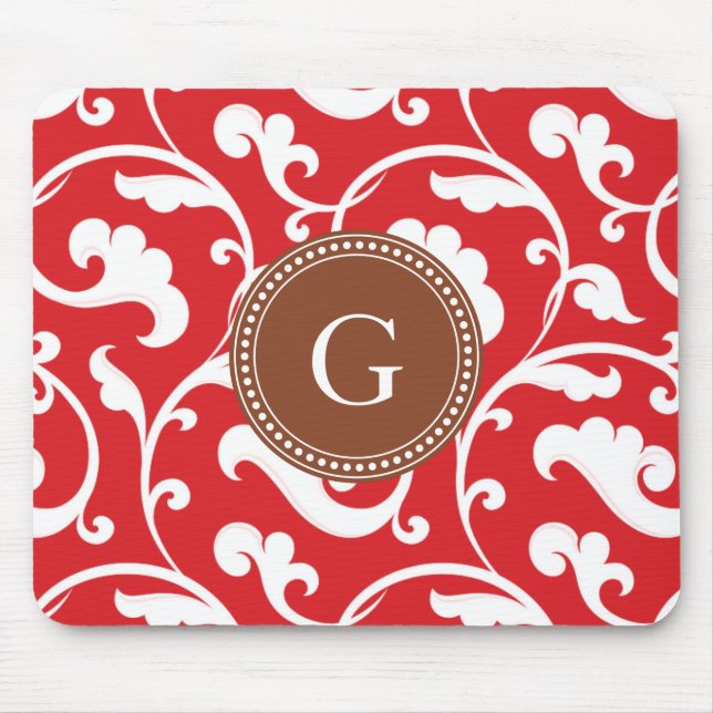 Elegant girly red floral pattern monogram mouse mat (Front)