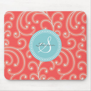 Elegant girly red floral pattern monogram mouse mat