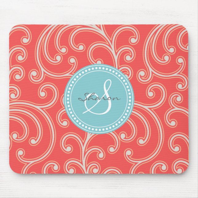 Elegant girly red floral pattern monogram mouse mat (Front)