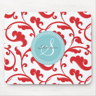 Elegant girly red floral pattern monogram mouse mat