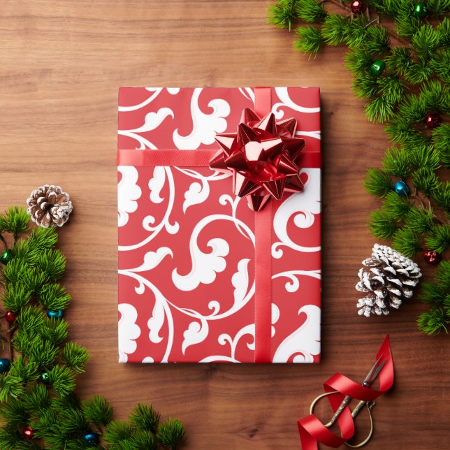 Elegant girly red floral pattern monogram wrapping paper (Holiday Gift)