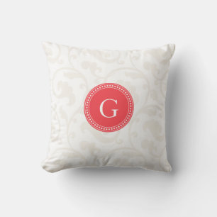Elegant girly red white floral pattern monogram cushion
