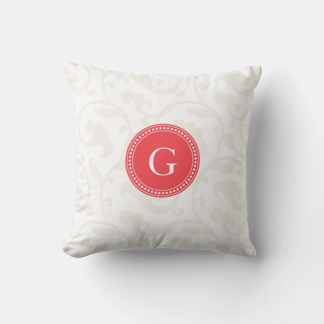 Elegant girly red white floral pattern monogram cushion (Front)