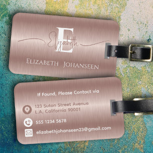 Elegant Girly Rose Gold Brushed Metal Monogrammed Luggage Tag