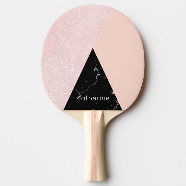 Elegant girly rose gold glitter & back marble ping pong paddle (Front)