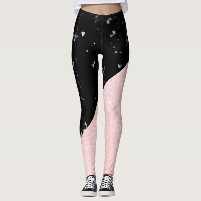 Elegant girly rose gold glitter & black marble leggings (Front)