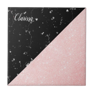 Elegant girly rose gold glitter & black marble tile