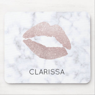 elegant girly rose gold glitter lips white marble mouse mat
