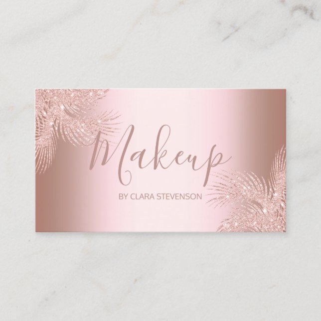 Elegant girly rose gold glitter palm makeup business card (Front)