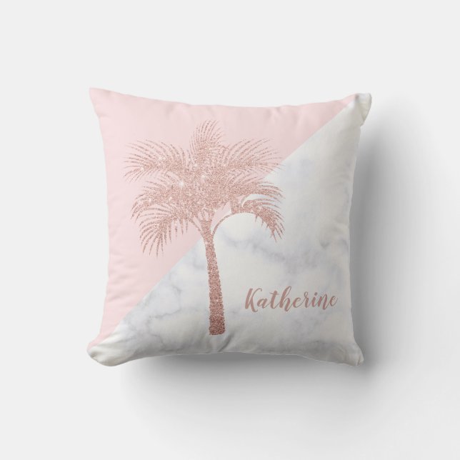 Elegant girly rose gold glitter palm white marble cushion (Front)