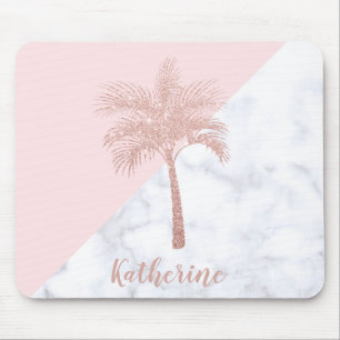 Elegant girly rose gold glitter palm white marble mouse mat