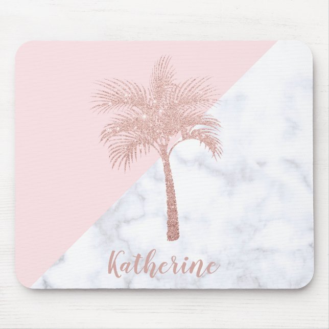 Elegant girly rose gold glitter palm white marble mouse mat (Front)