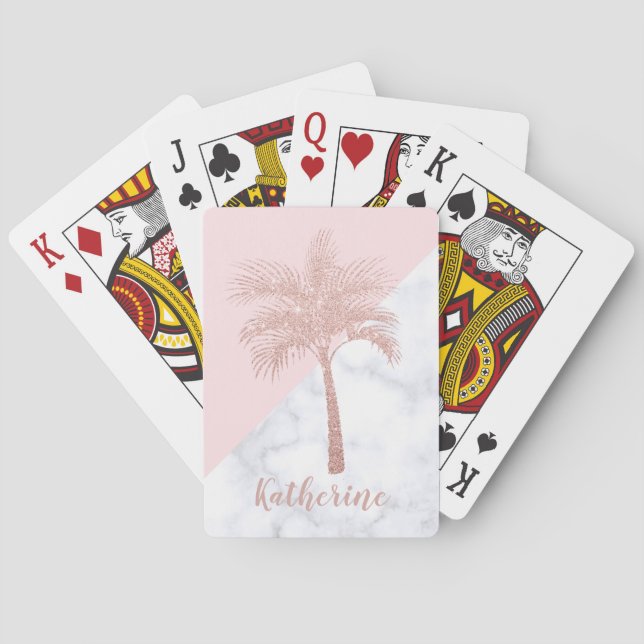Elegant girly rose gold glitter palm white marble playing cards (Back)