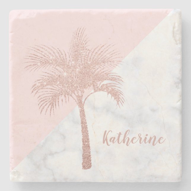 Elegant girly rose gold glitter palm white marble stone coaster (Front)