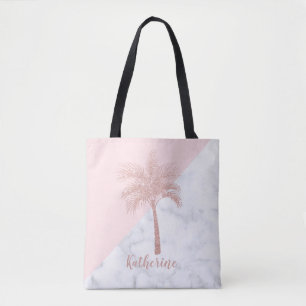 Elegant girly rose gold glitter palm white marble tote bag