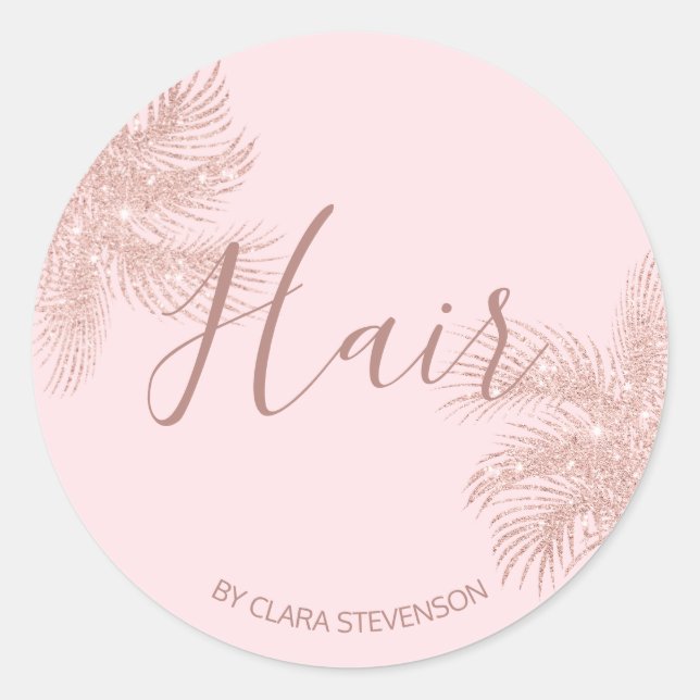 Elegant girly rose gold glitter pink palm hair classic round sticker (Front)