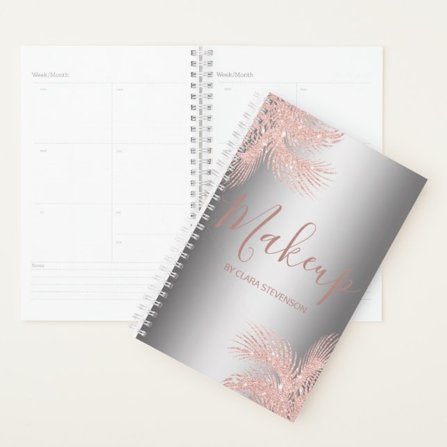 Elegant girly rose gold glitter silver palm makeup planner (Display)