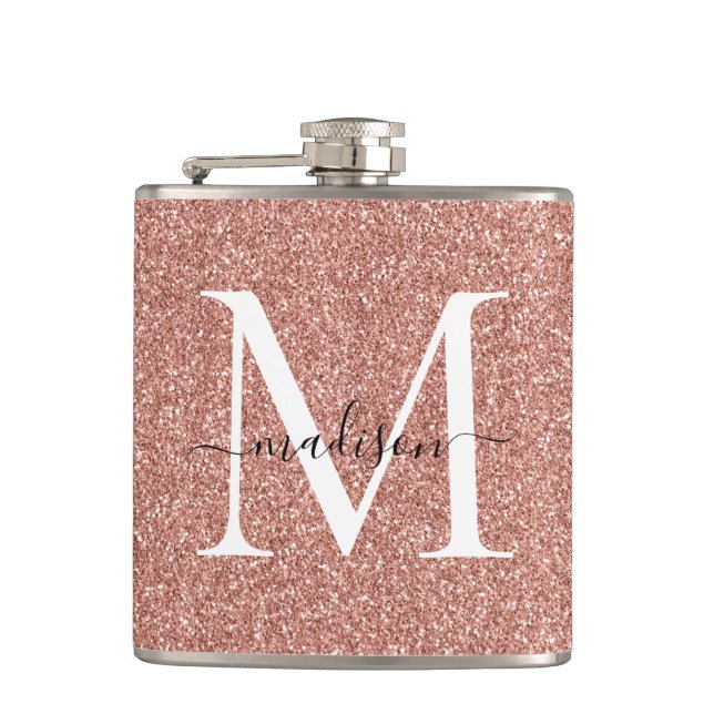 Elegant Girly Rose Gold Glitter Sparkle Monogram Hip Flask (Front)