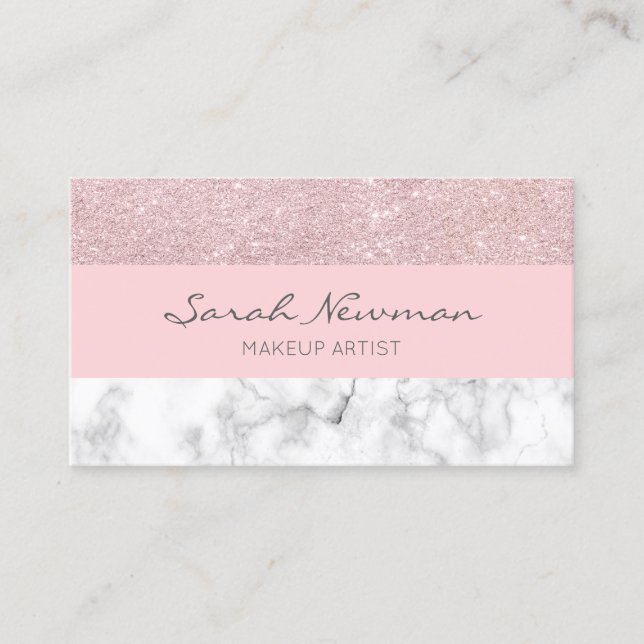 Elegant girly rose gold glitter & white marble business card (Front)
