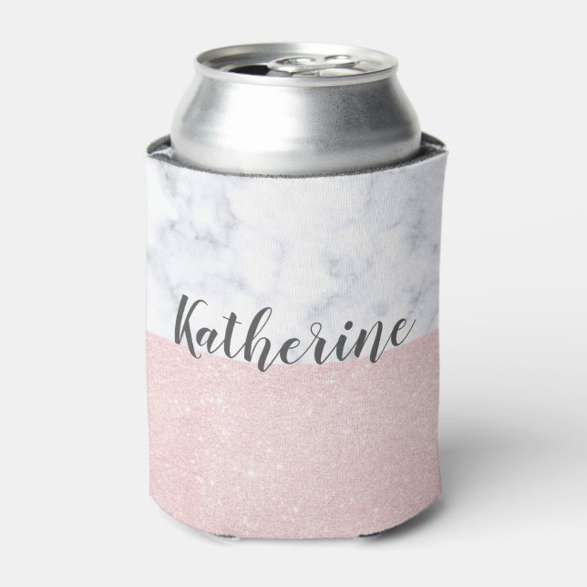 Elegant girly rose gold glitter & white marble can cooler (Can Front)